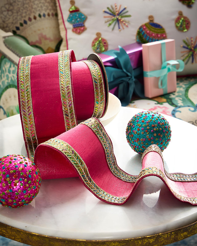 Metallic Dupioni Herringbone Jewel-Trim Ribbon